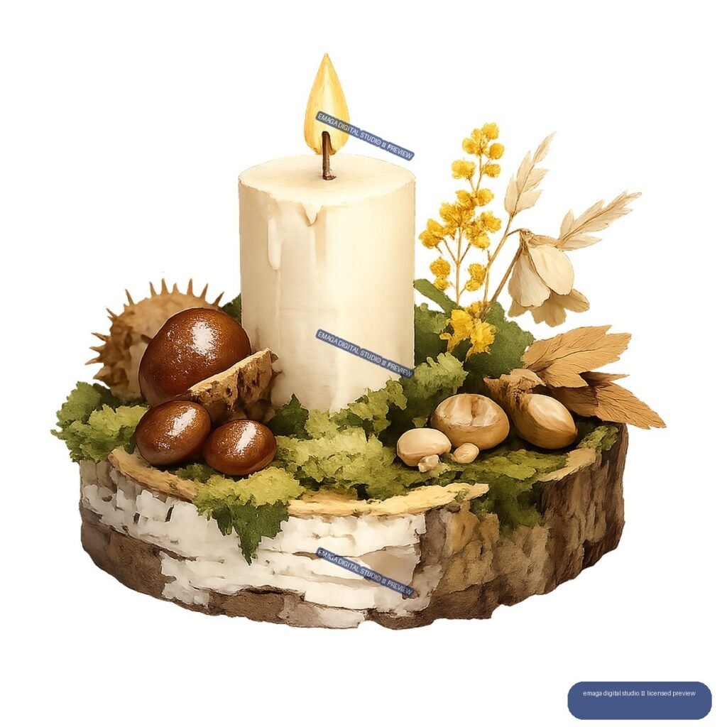 Cream pillar candle with flame surrounded by moss, acorns, mushrooms, dried leaves, and yellow flowers on a birch slice.