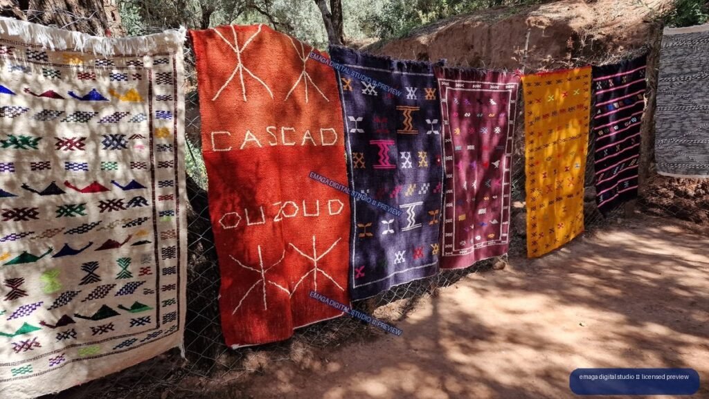 Colorful Moroccan Rugs Displayed at Ouzoud Waterfalls, Morocco