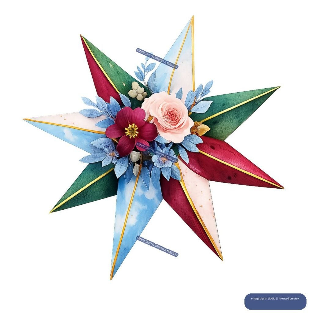Colorful pointed starburst arrangement with blue, green, burgundy, and pink sections surrounding a central cluster of blue flowers and a pink rose.