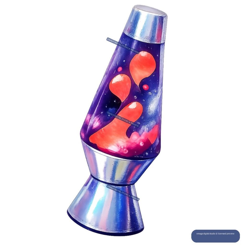 Stylized silver lava lamp with a blue-purple chamber, coral-red floating blobs, and small white specks.