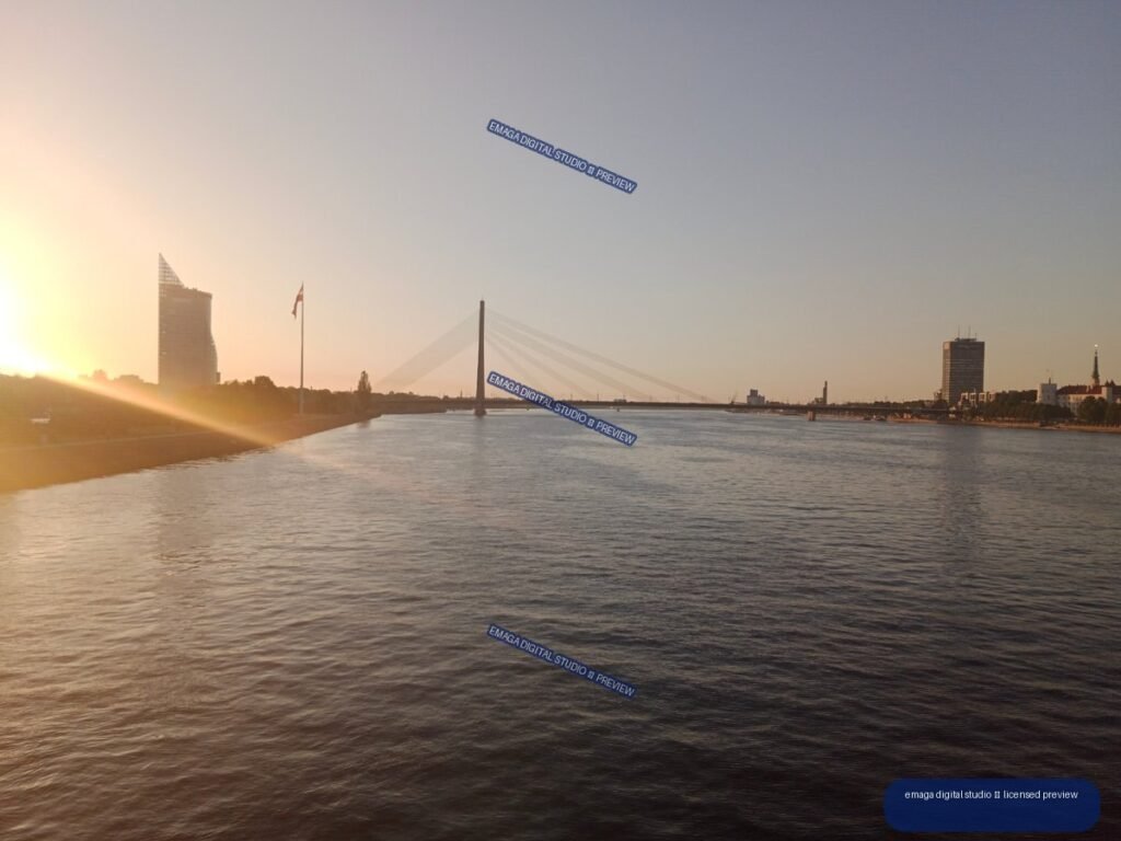 Sunset over the Daugava River and Bridge in Riga, Latvia