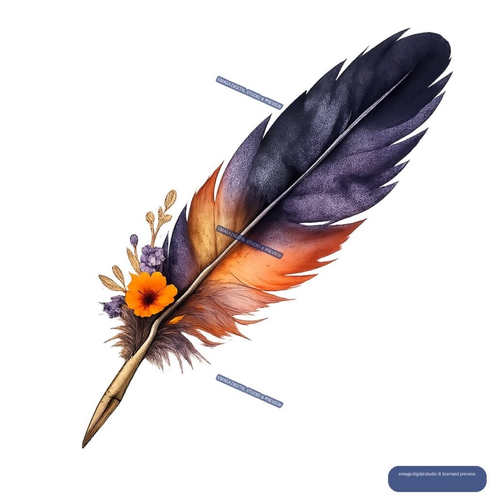 A diagonally oriented dark navy and purple feather decorated at its base with orange and purple flowers and dried stems.