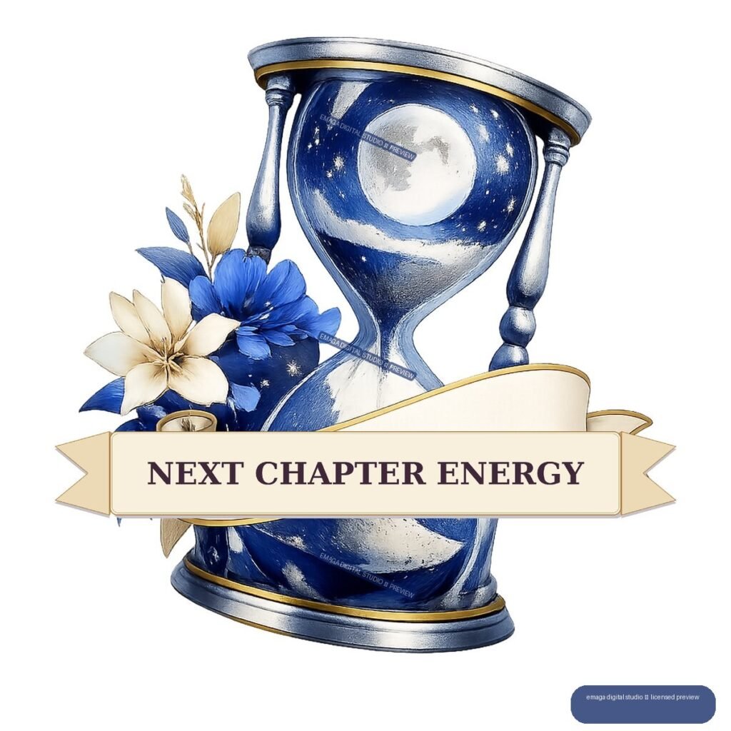 Blue and silver hourglass with a moonlit starry interior, blue and cream flowers, and a cream ribbon reading “NEXT CHAPTER ENERGY.”