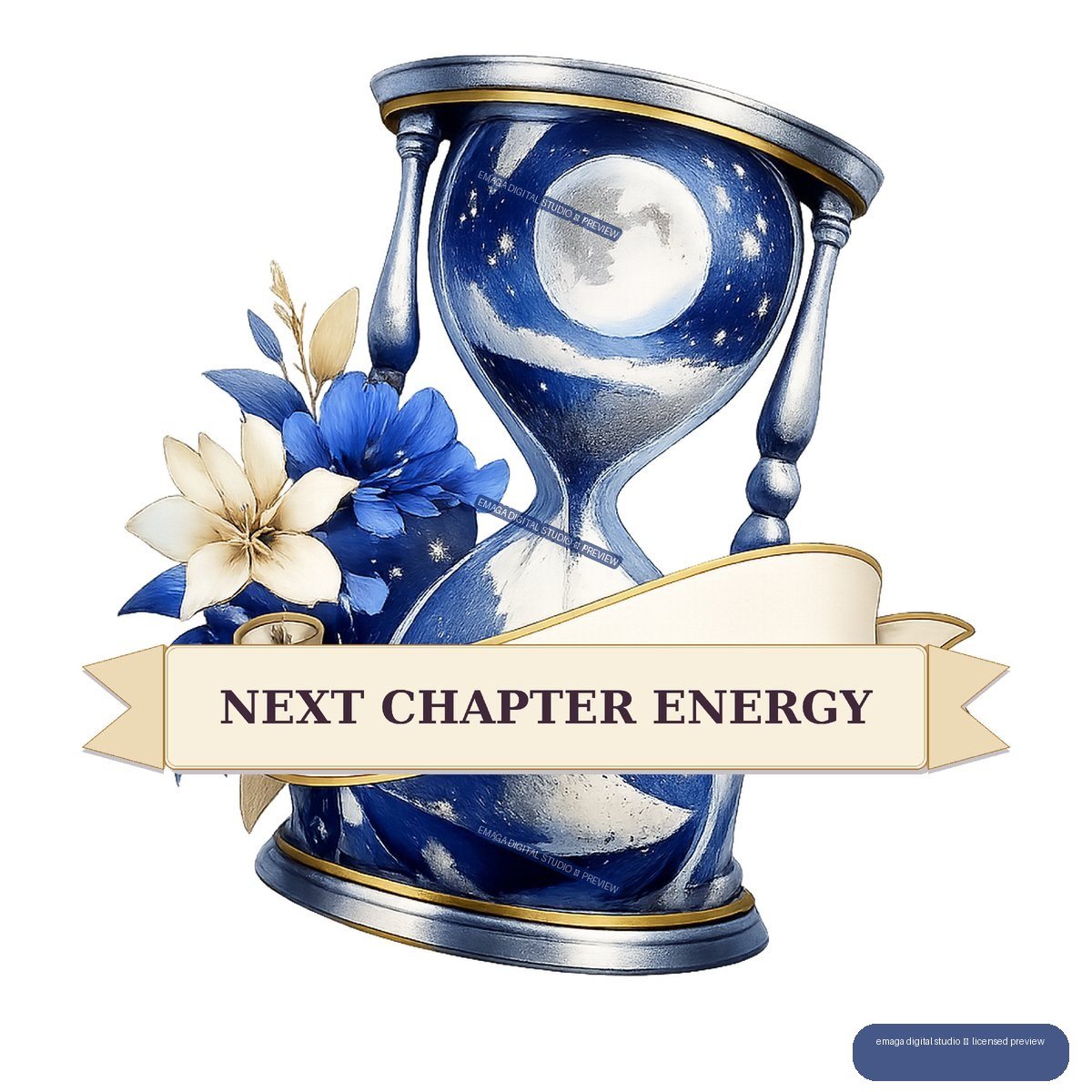 Blue and silver hourglass with a moonlit starry interior, blue and cream flowers, and a cream ribbon reading “NEXT CHAPTER ENERGY.”