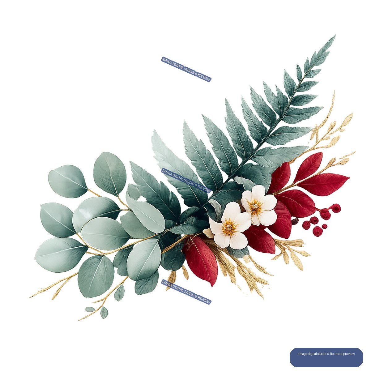 Watercolor-style botanical arrangement with blue-green leaves, red foliage, red berries, white flowers, and tan sprigs arranged diagonally.