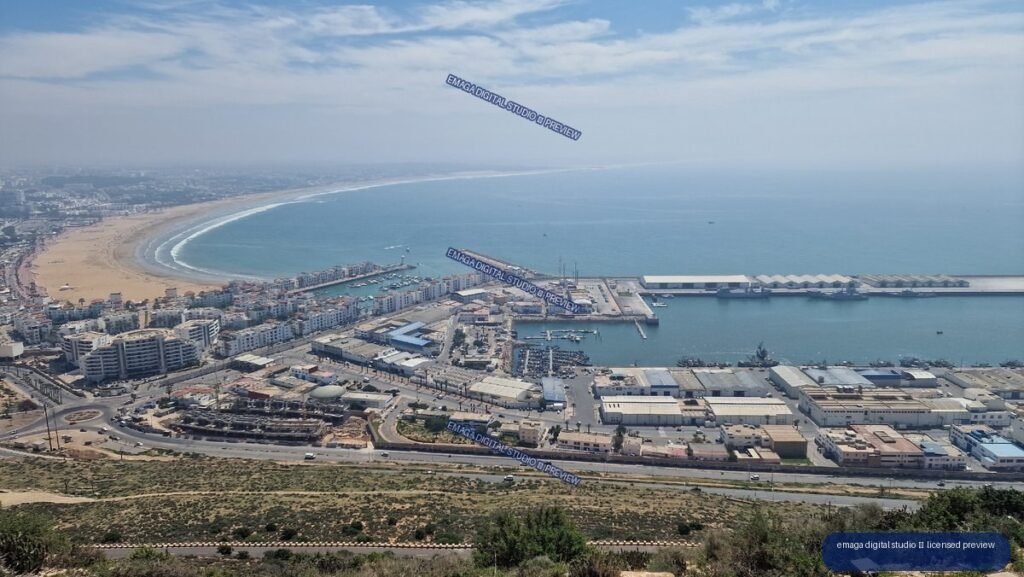 Aerial Coastal Panorama of Agadir, Morocco, Beach and Harbor