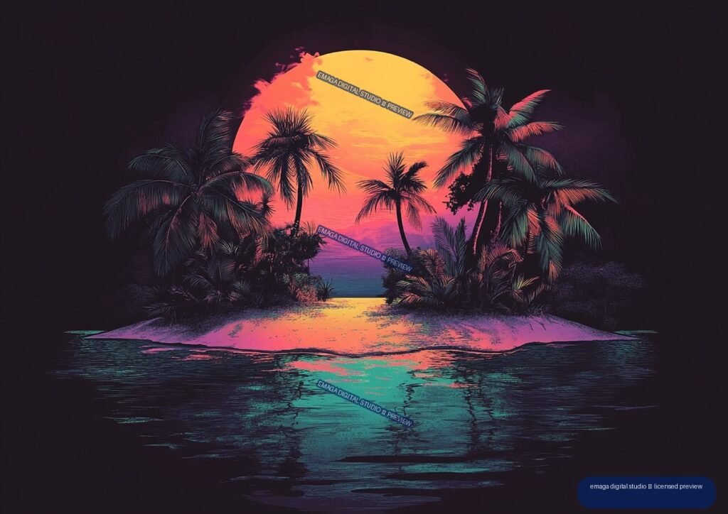 Tropical island beach with palm trees, a large orange sunset, and colorful reflections on the ocean.