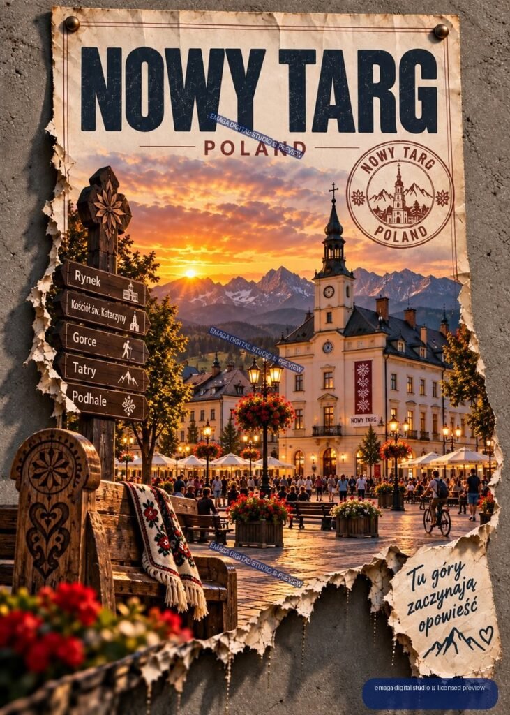 Vintage-style Nowy Targ, Poland travel poster showing a town square, church, mountains, sunset, directional signs, and pedestrians.