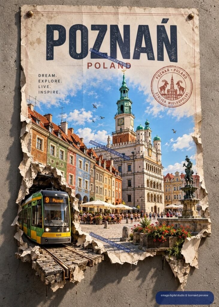 Vintage-style Poznań Poland travel poster with town hall, colorful historic buildings, fountain, tram, and blue sky.