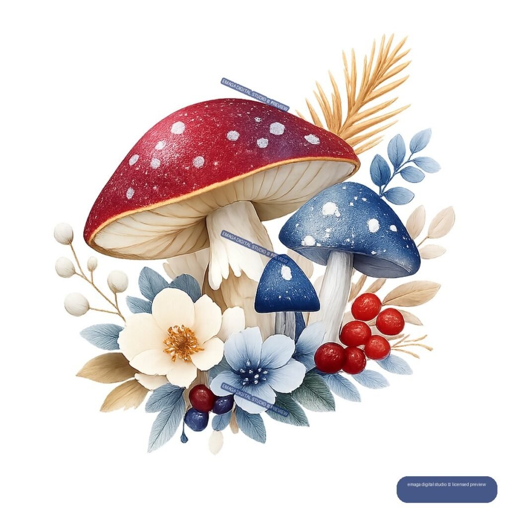 Decorative Christmas ornament cluster with red and blue spotted mushrooms, flowers, berries, leaves, and golden botanical sprigs.
