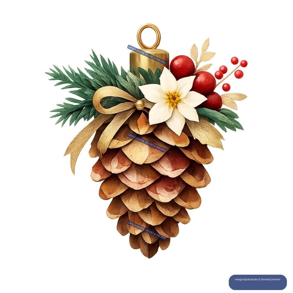 Festive pinecone ornament decorated with evergreen sprigs, red berries, gold leaves, a white flower, and a gold hanging loop.