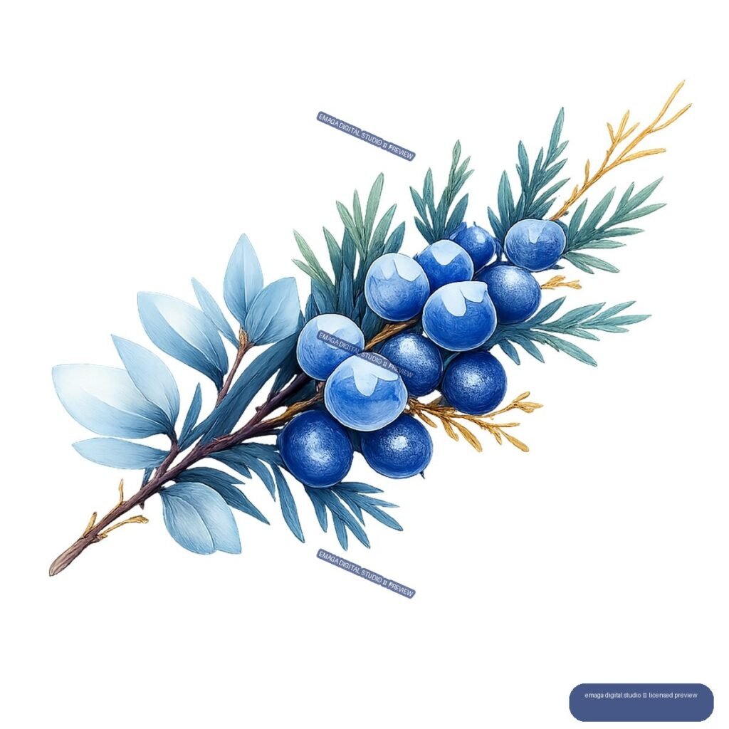 Watercolor-style branch with blue berries, evergreen leaves, pale blue foliage, and golden twigs.