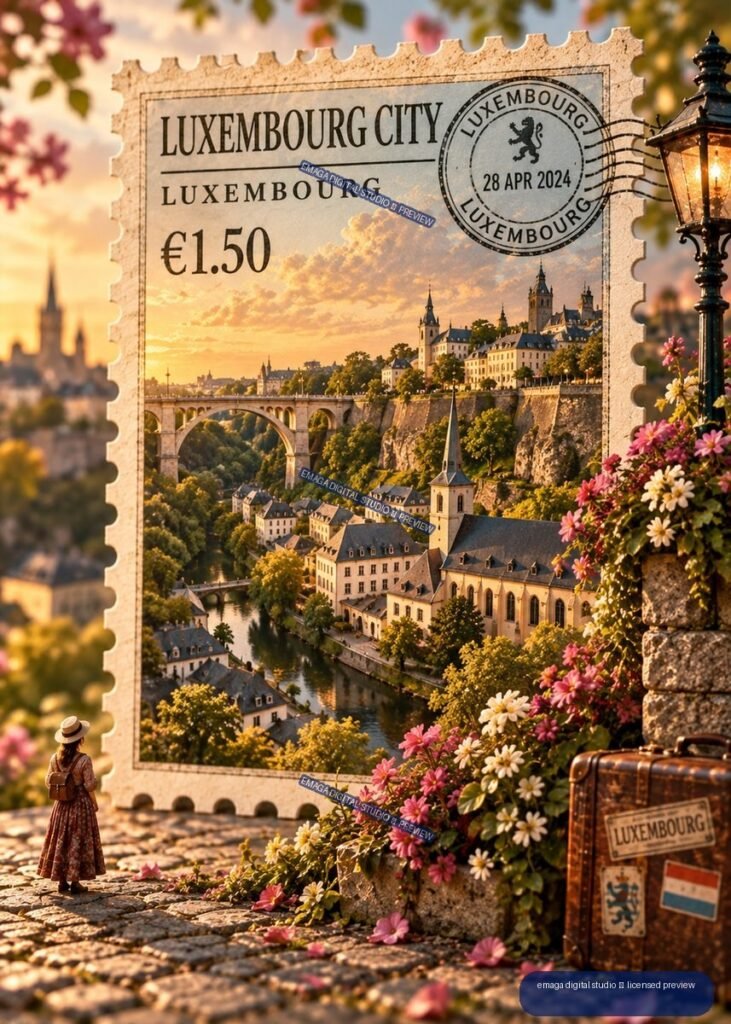 Decorative Luxembourg City postage stamp showing a valley, historic buildings, bridge, river, flowers, traveler, suitcase, and street lamp.