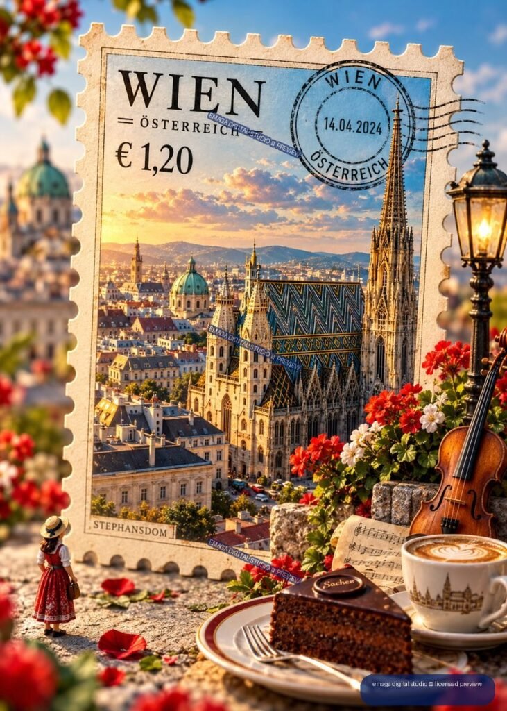 Decorative Vienna postage stamp showing St. Stephen’s Cathedral, surrounded by flowers, a violin, cake, coffee, and travel-themed details.