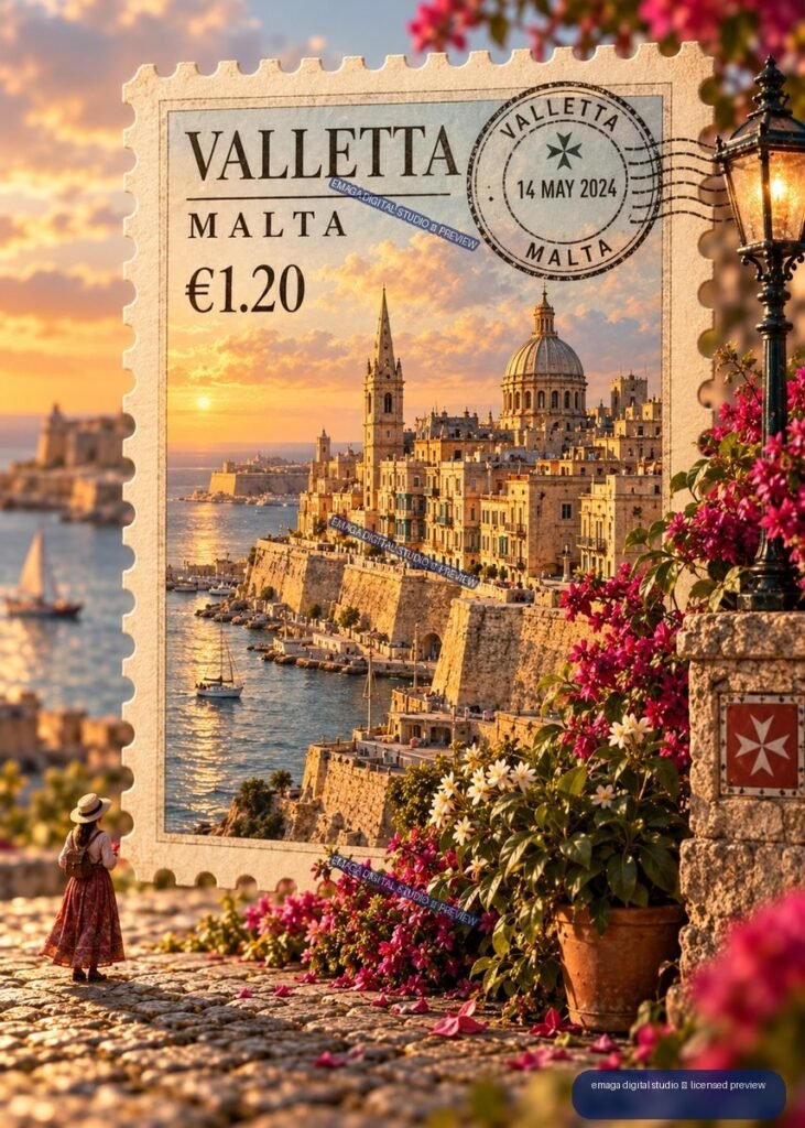 Decorative Valletta, Malta postage stamp with €1.20 denomination and 14 May 2024 postmark, showing a sunlit fortified waterfront city, dome, harbor, flowers, and street lamp.