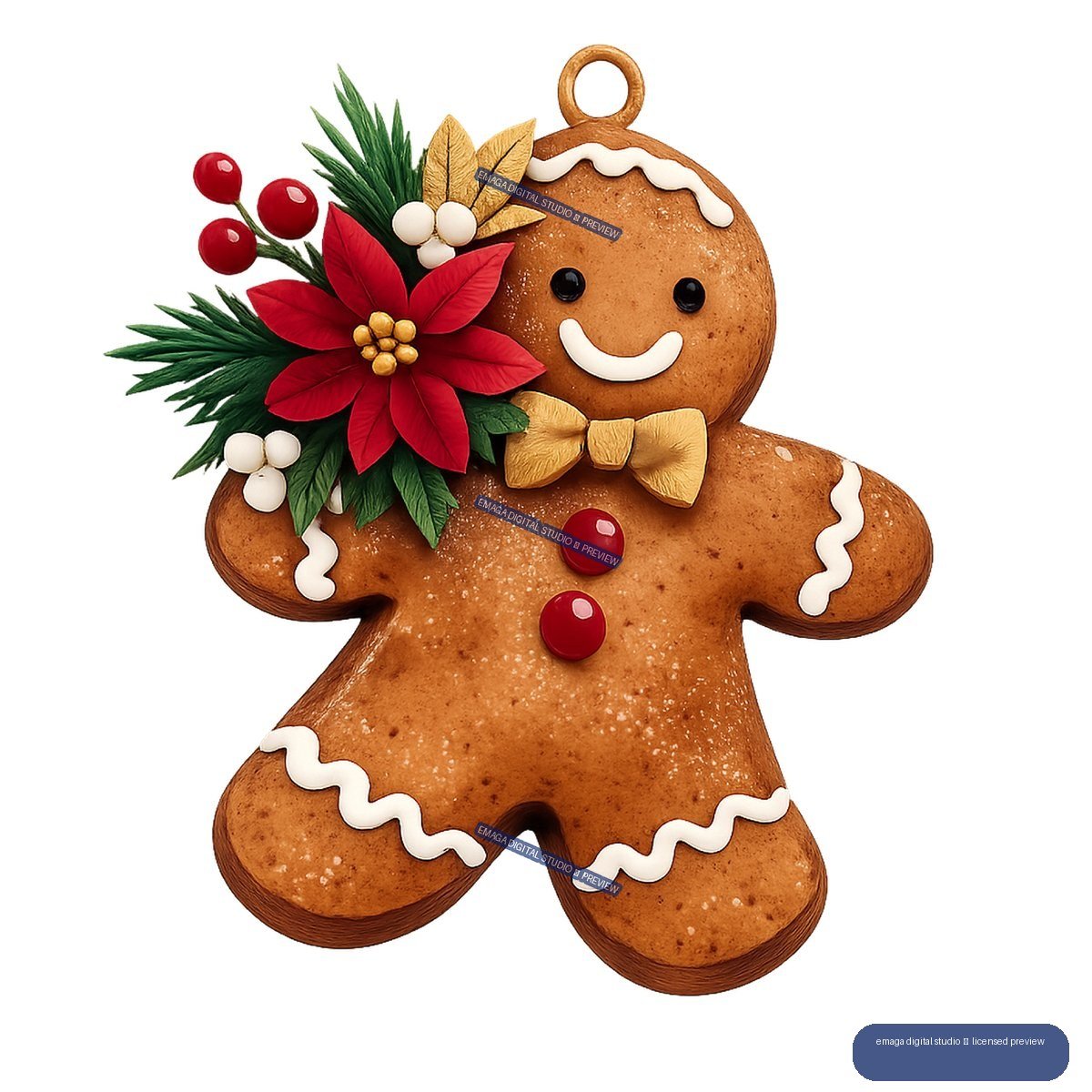Decorated gingerbread man Christmas ornament with icing, bow tie, poinsettia, evergreen branches, and berries.