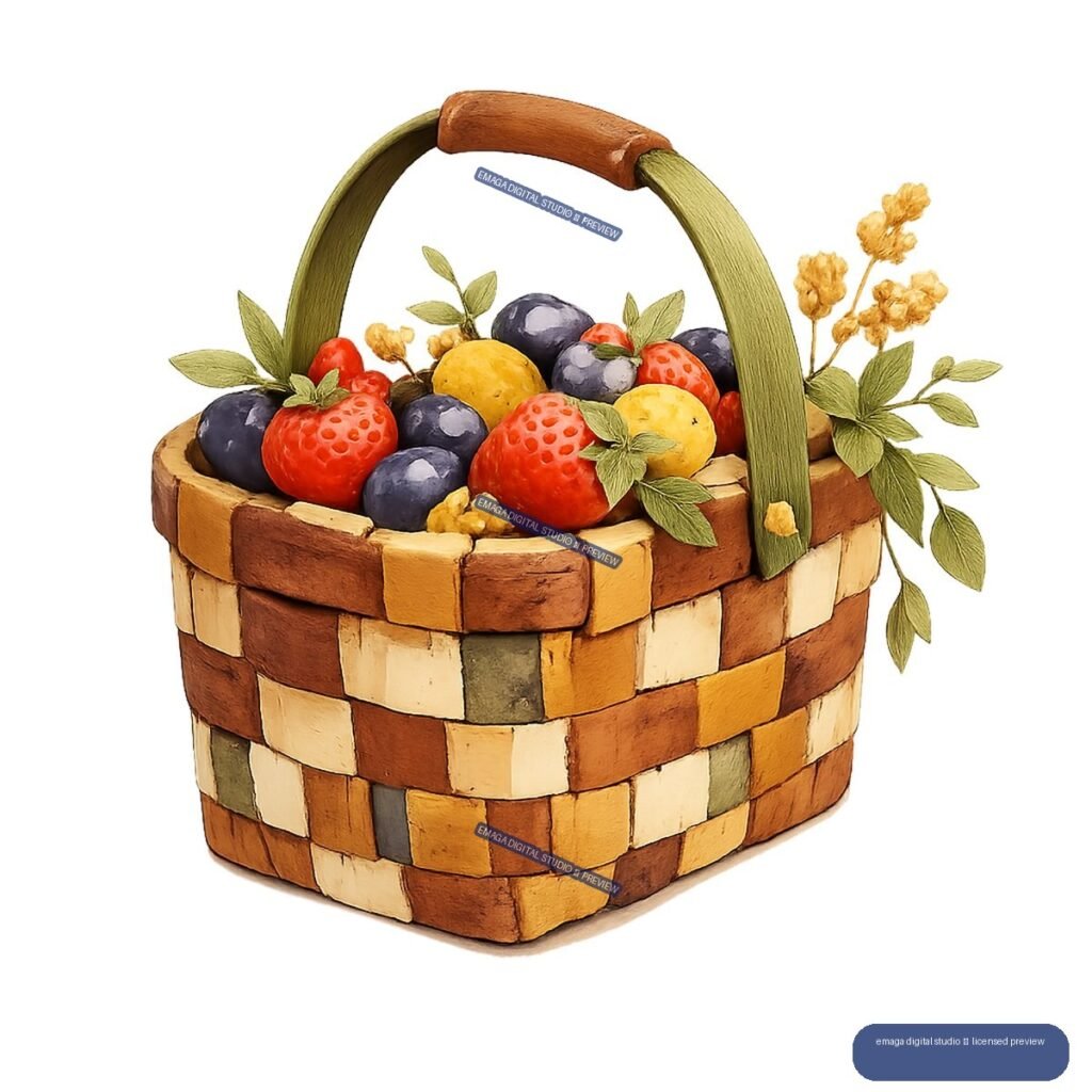 Rustic patchwork basket with a curved handle, strawberries, blueberries, yellow fruit, leaves, and dried sprigs.