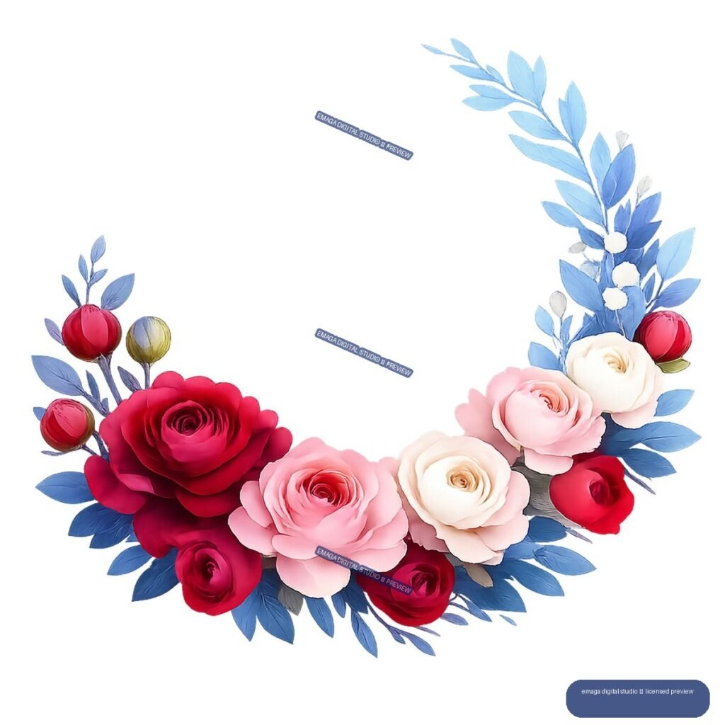 Curved bouquet of red, pink, and cream roses with blue leaves and branches, leaving open space in the center and upper area.