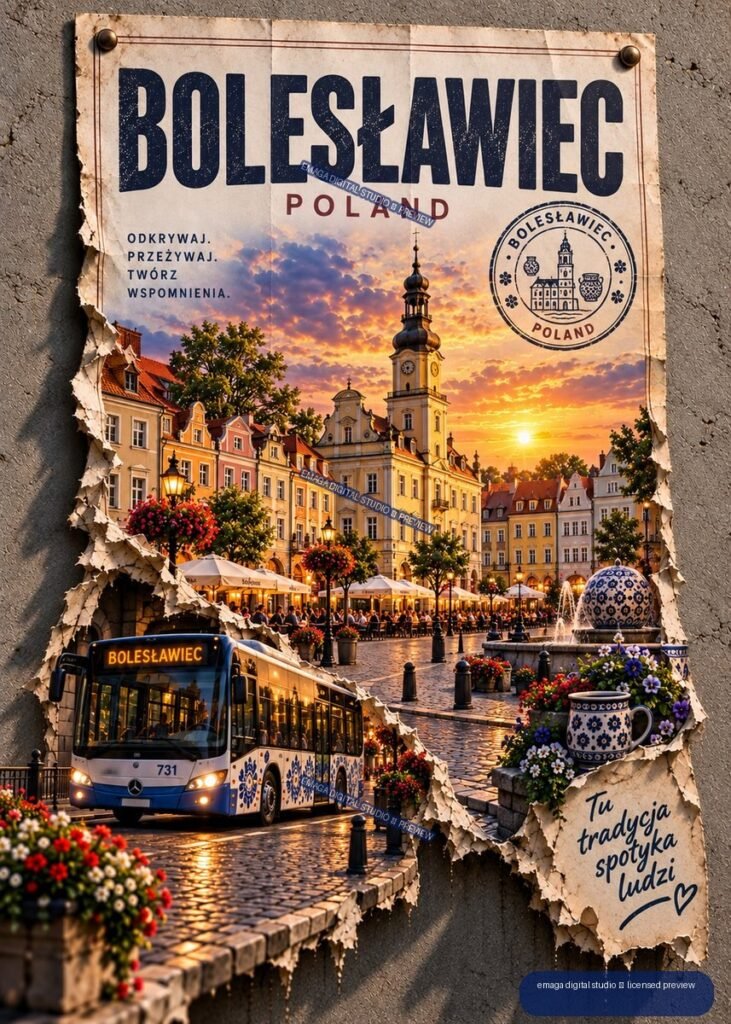 Travel poster for Bolesławiec, Poland, showing a sunset square with historic buildings, clock tower, cafés, flowers, a decorated bus, and blue-and-white ceramics.