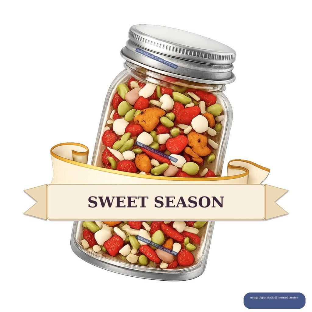 Illustrated glass jar filled with colorful snack mix behind a cream ribbon labeled SWEET SEASON.