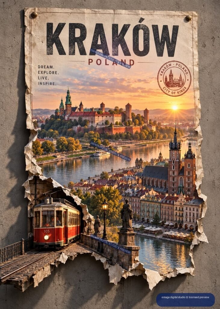 Vintage Kraków, Poland travel poster showing Wawel Castle, the Vistula River, historic buildings, a red tram, and sunset light.