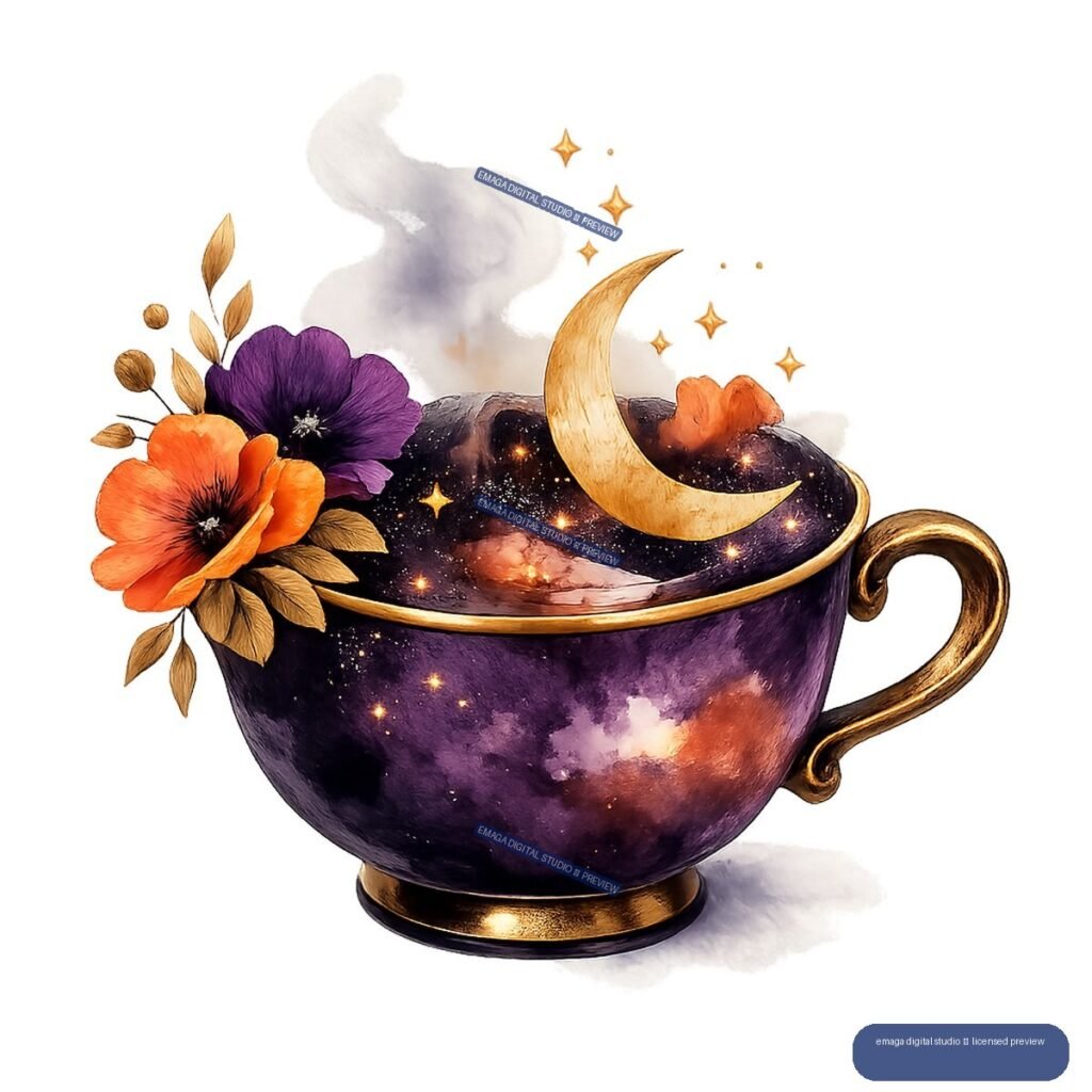 Purple and gold cup of starry liquid with a crescent moon, stars, flowers, and rising vapor.