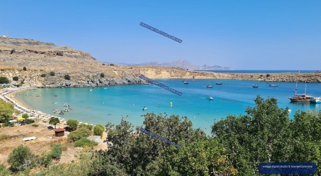 Coastal Bay and Turquoise Sea in Lindos, Rhodes, Greece