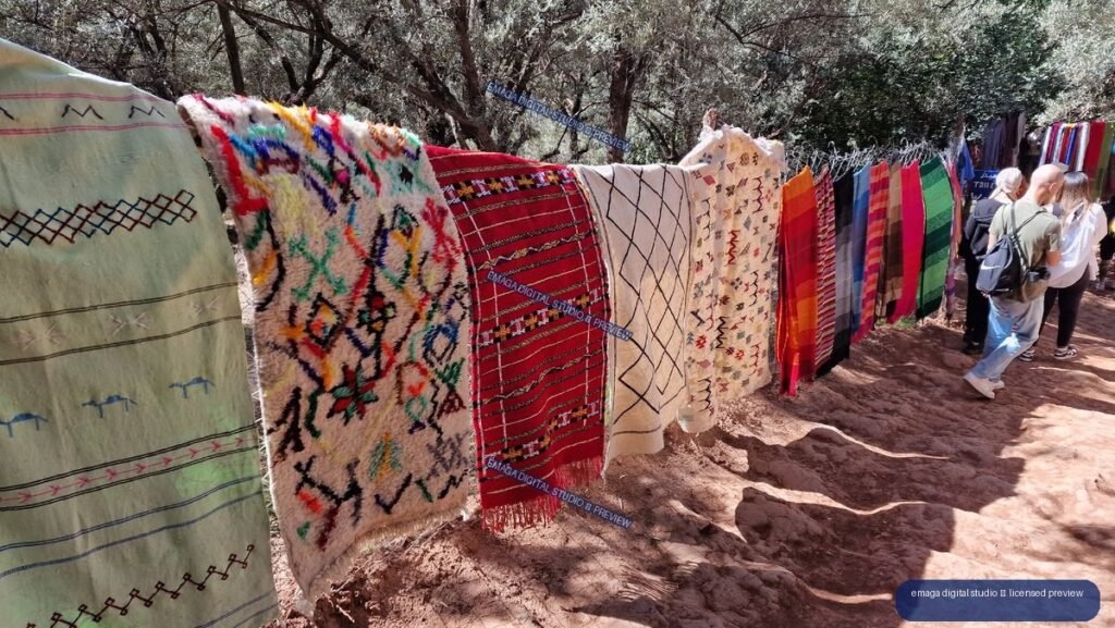 Colorful Berber Textiles Displayed at Ouzoud Waterfalls, Morocco