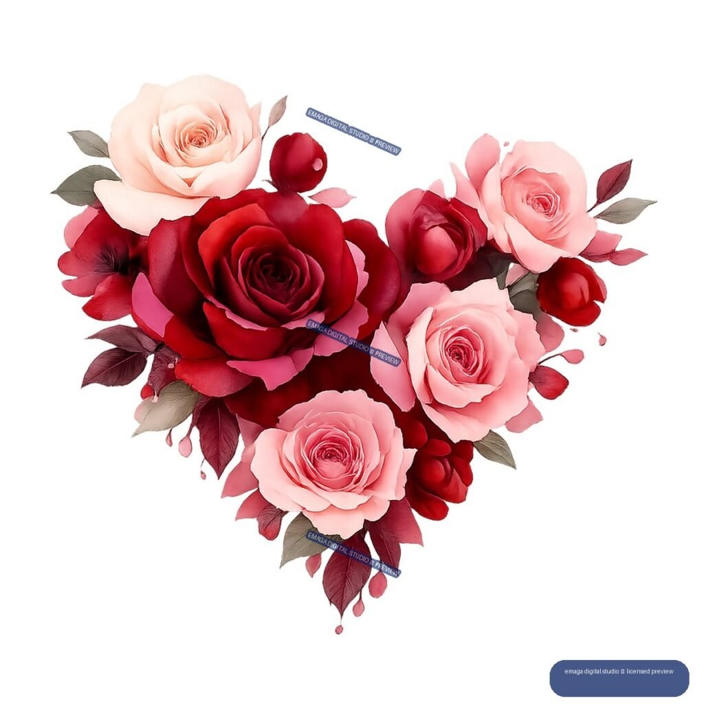 Heart-shaped bouquet of pink and deep red roses with rosebuds and burgundy-green leaves.