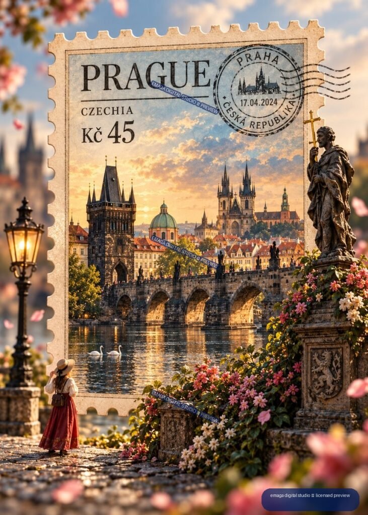 Decorative Prague postage stamp with Charles Bridge, Prague skyline, statue, flowers, and a figure by the river.