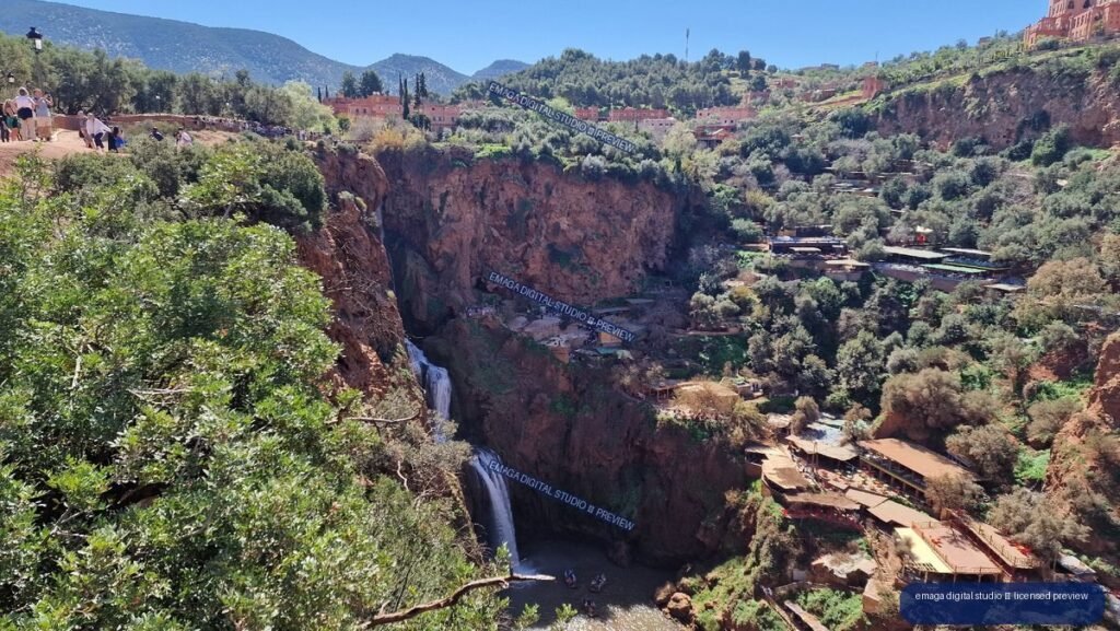 Ouzoud Waterfalls landscape in Morocco with canyon and olive trees