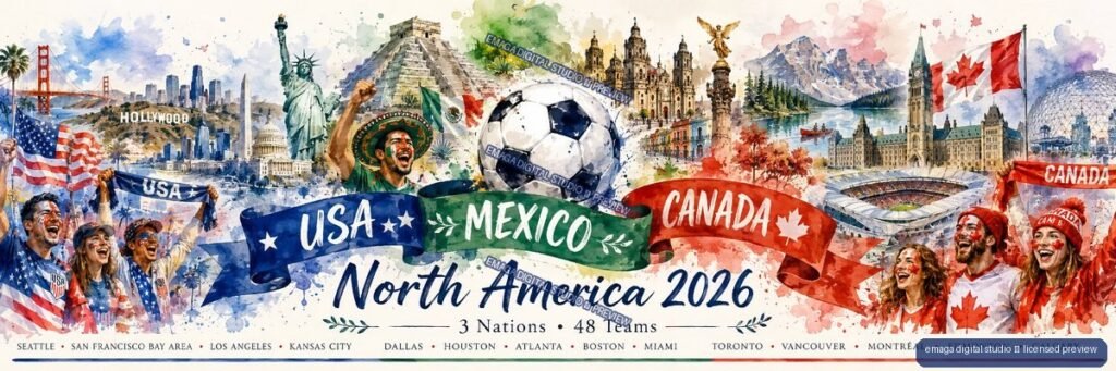Panoramic watercolor collage of North American soccer fans, landmarks, flags, and a central soccer ball with United States, Mexico, and Canada ribbons.