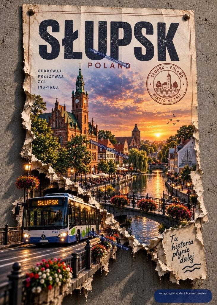Vertical Słupsk Poland travel poster showing a sunset cityscape, church, canal, bridge, flower baskets, and bus.