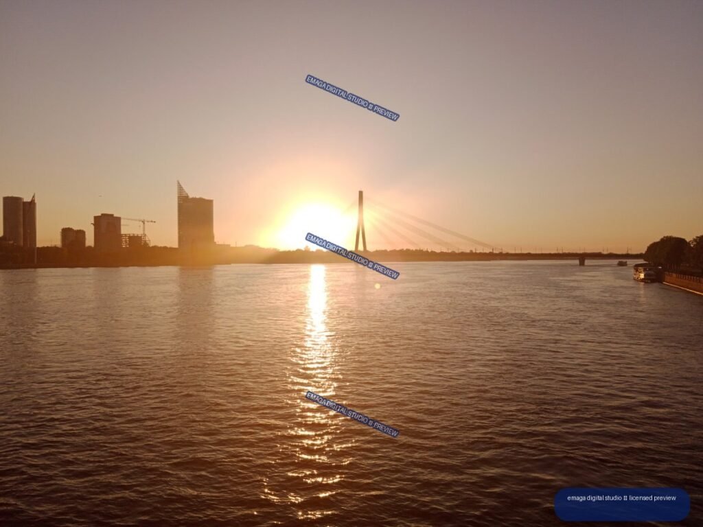 Sunset over the Daugava River and skyline in Riga, Latvia