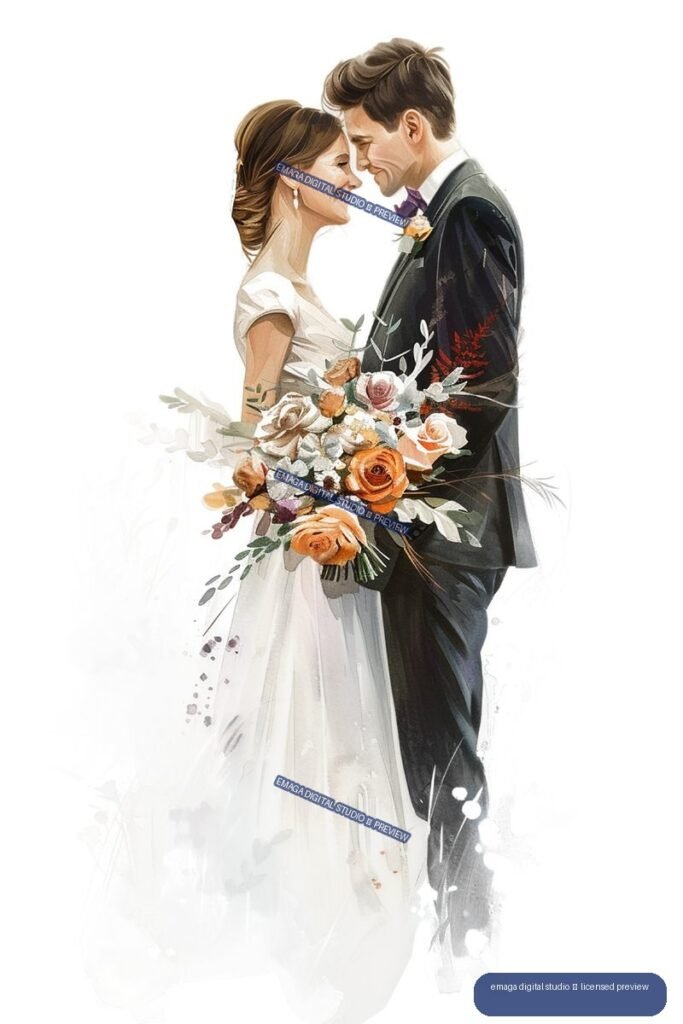 Watercolor illustration of a bride and groom embracing beside a large bouquet of autumn-colored flowers.