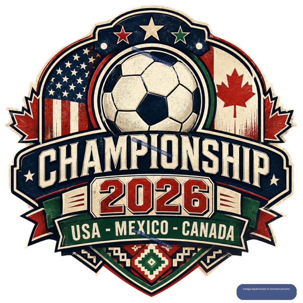 Vintage soccer championship emblem with a football, flags of the United States, Mexico, and Canada, maple leaves, stars, and the text Championship 2026.