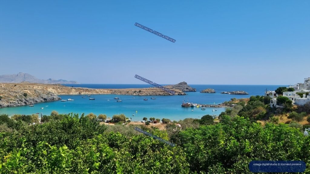 Coastal bay landscape in Lindos, Rhodes, Greece