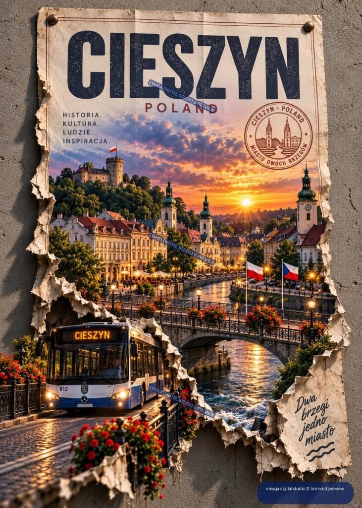 Vintage-style Cieszyn Poland travel poster showing historic buildings, churches, river bridge, bus, Polish flags, and sunset.