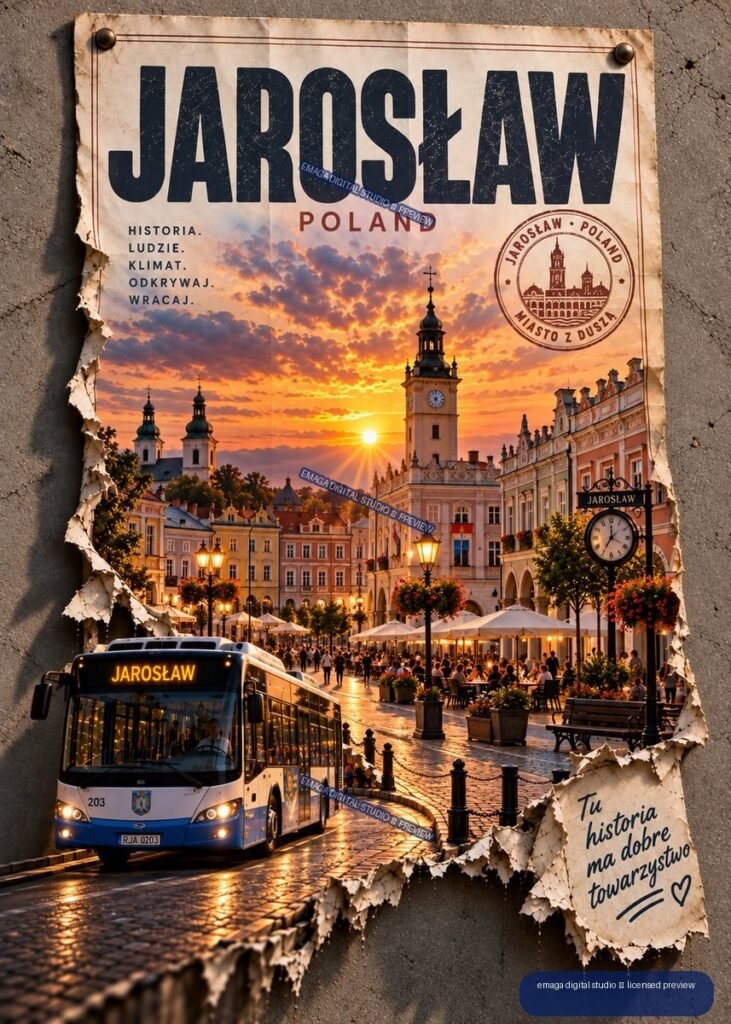 Vintage-style Jarosław Poland travel poster showing a sunset historic square, church towers, cafés, ornate buildings, and a city bus.