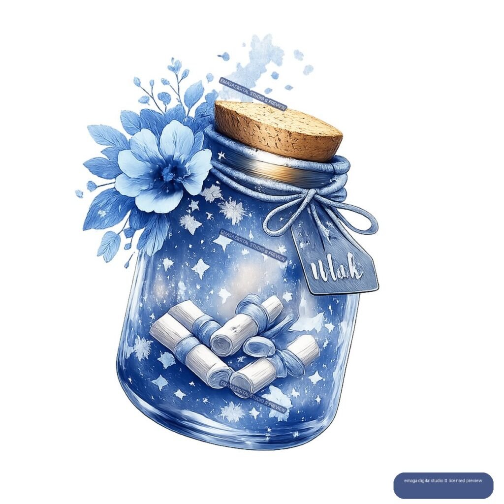 Blue celestial wish jar with cork stopper, flower, stars, snowflakes, and rolled notes.