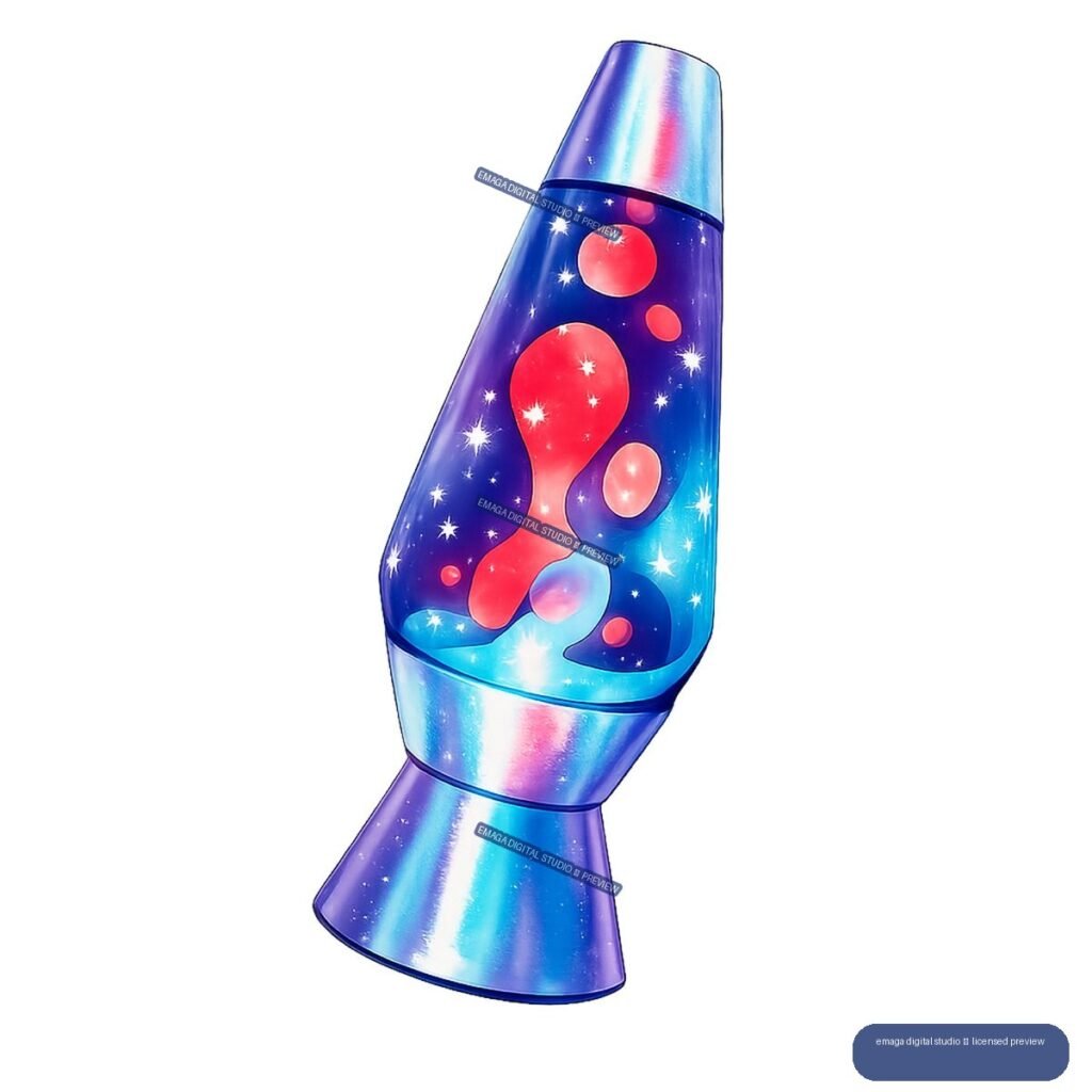 Iridescent blue and violet lava lamp with colorful glowing blobs and star-like specks inside.
