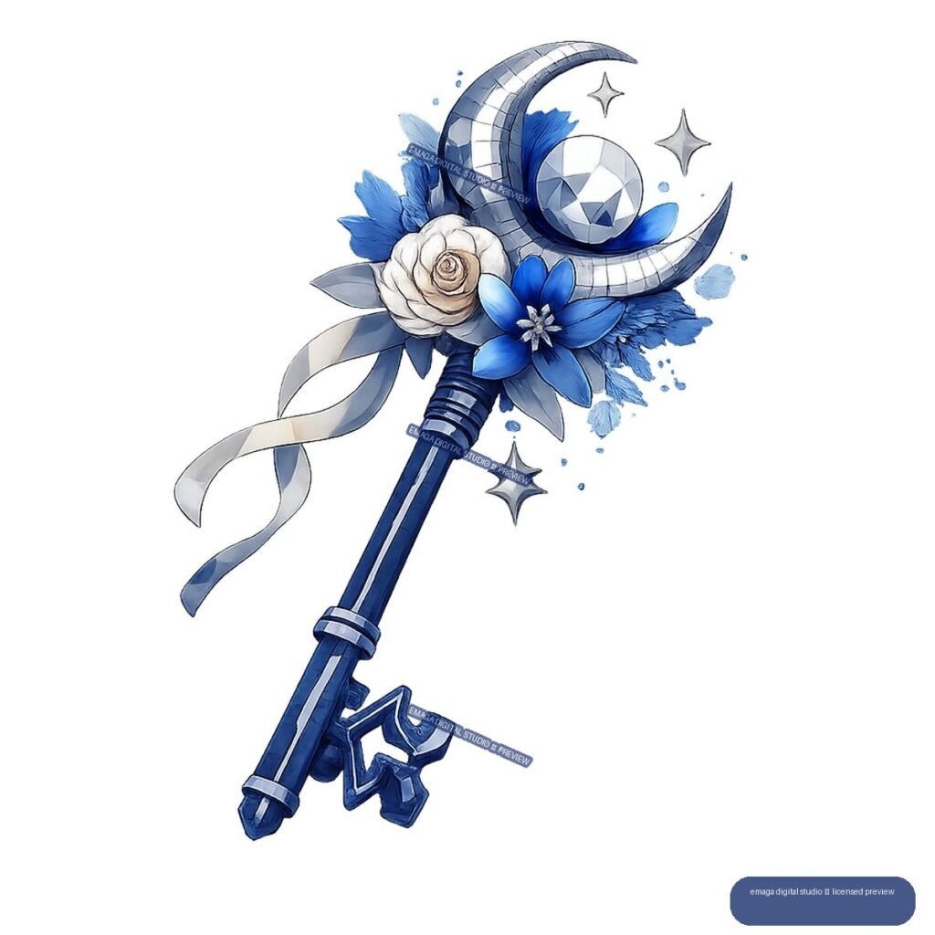 Ornate dark-blue key decorated with a silver crescent moon, flowers, ribbons, jewel, and starbursts.
