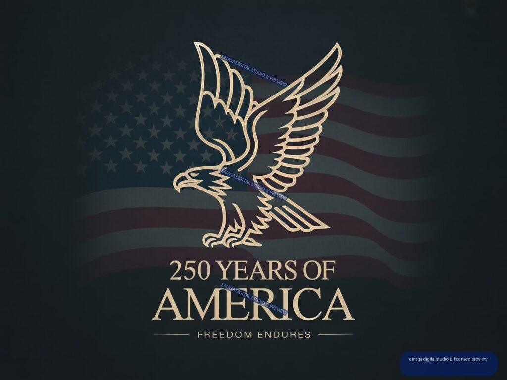 Stylized golden eagle over a muted American flag, with text reading “250 YEARS OF AMERICA” and “FREEDOM ENDURES.”