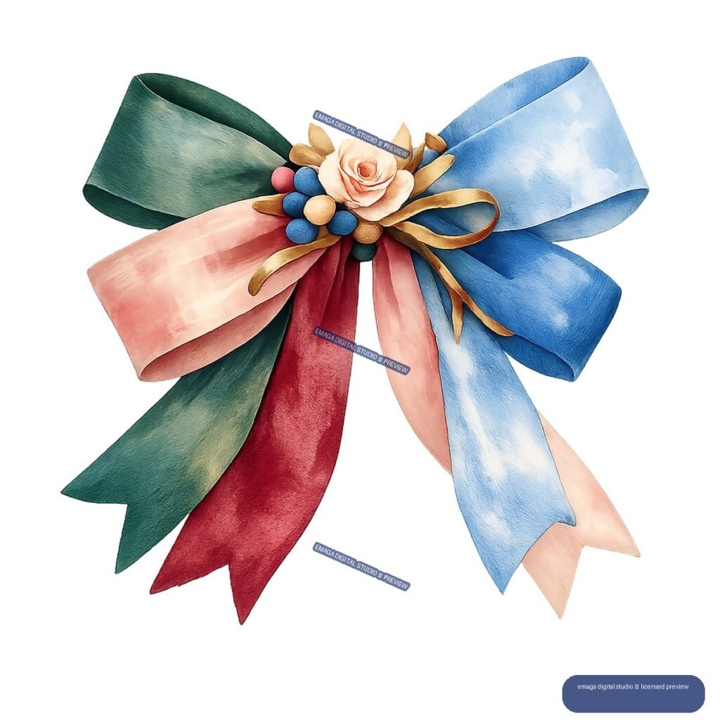 Watercolor illustration of a large multicolored gift bow with a central peach rose and trailing ribbons.