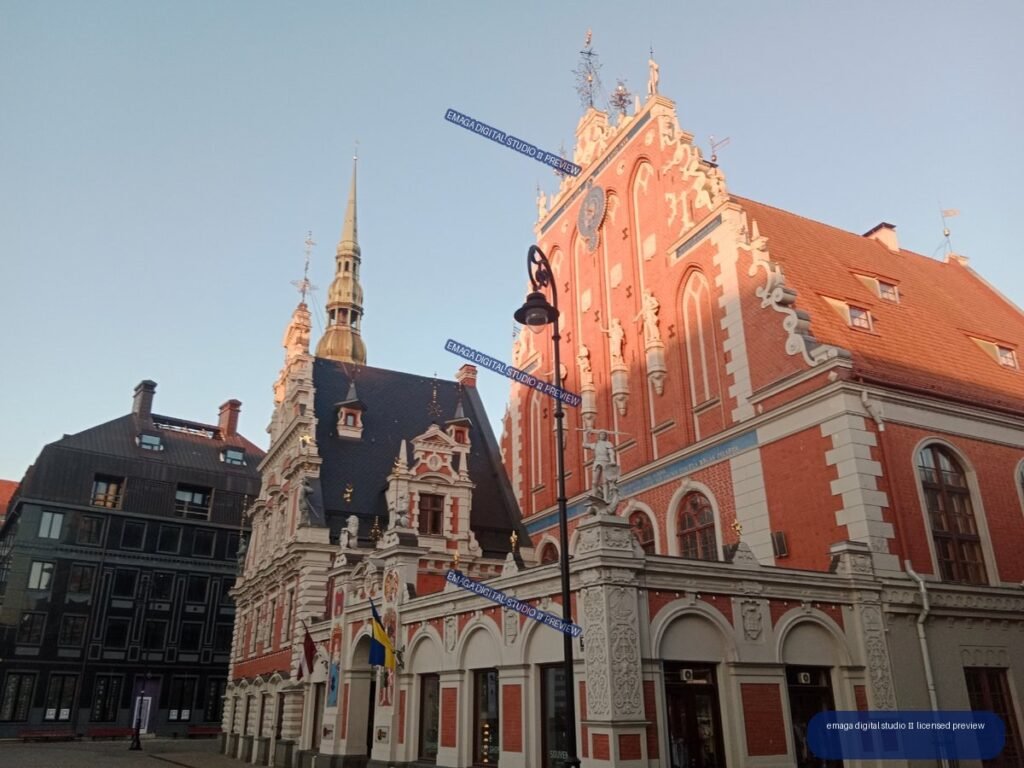 Ornate red brick historic buildings in Riga, Latvia