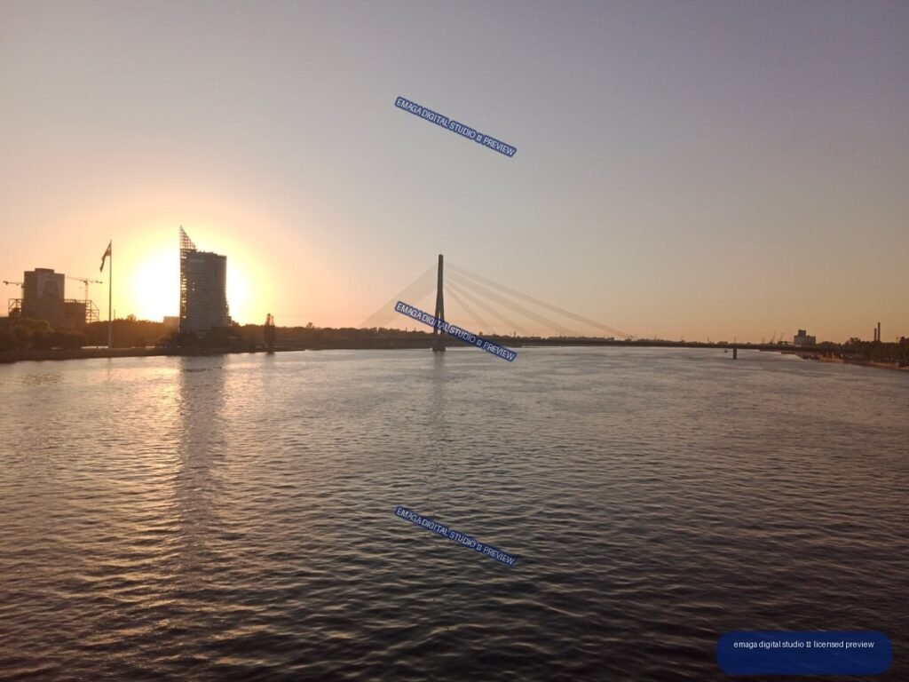 Sunset over the Daugava River and Cable-Stayed Bridge in Riga, Latvia