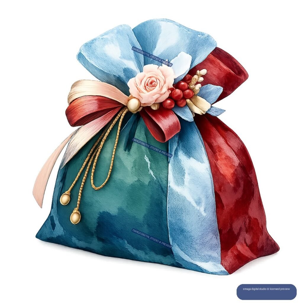 Decorative teal gift pouch with blue and red ribbons, a pink rose, berries, and gold cords.