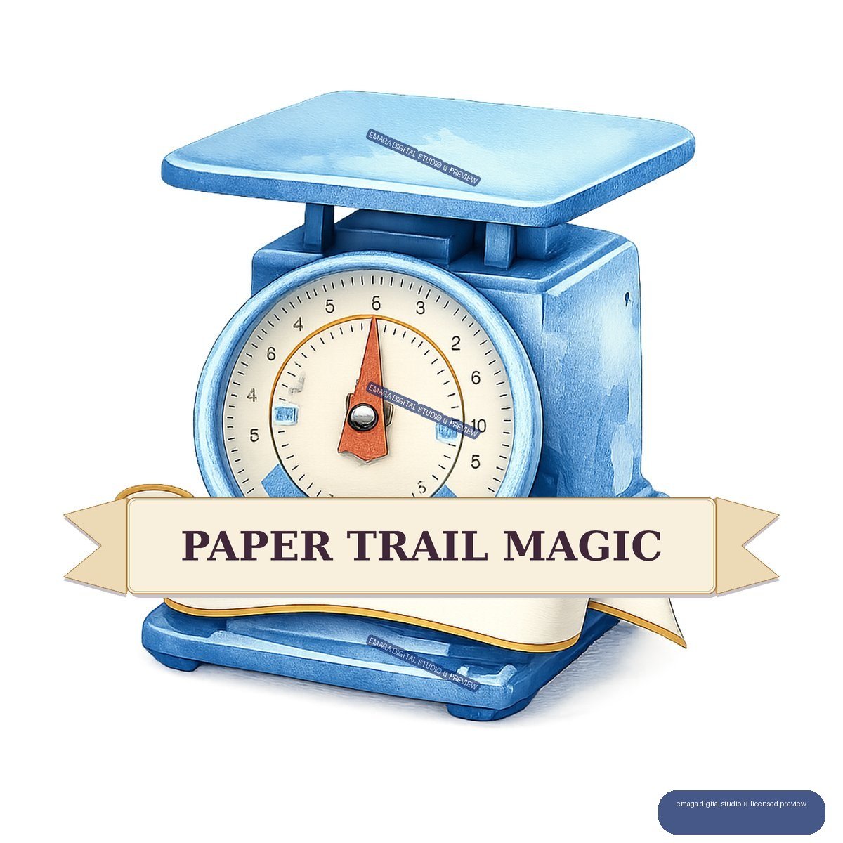 Blue vintage kitchen scale with a cream ribbon banner reading “PAPER TRAIL MAGIC.”