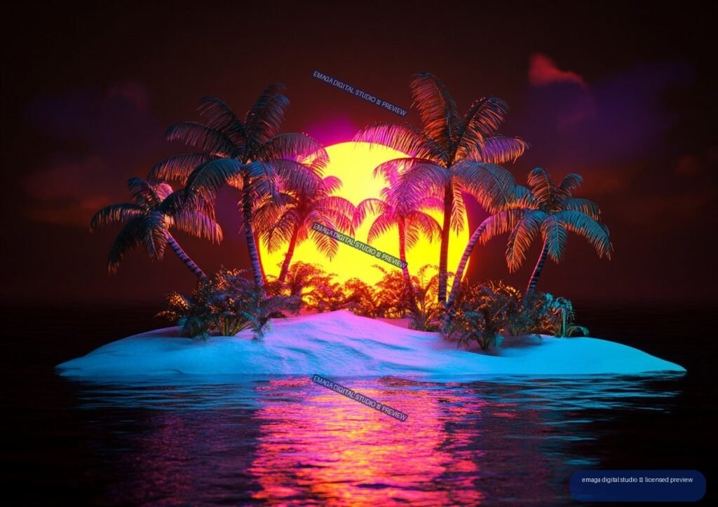 Neon-colored tropical island with palm trees silhouetted against a bright sunset and reflected in rippling ocean water.