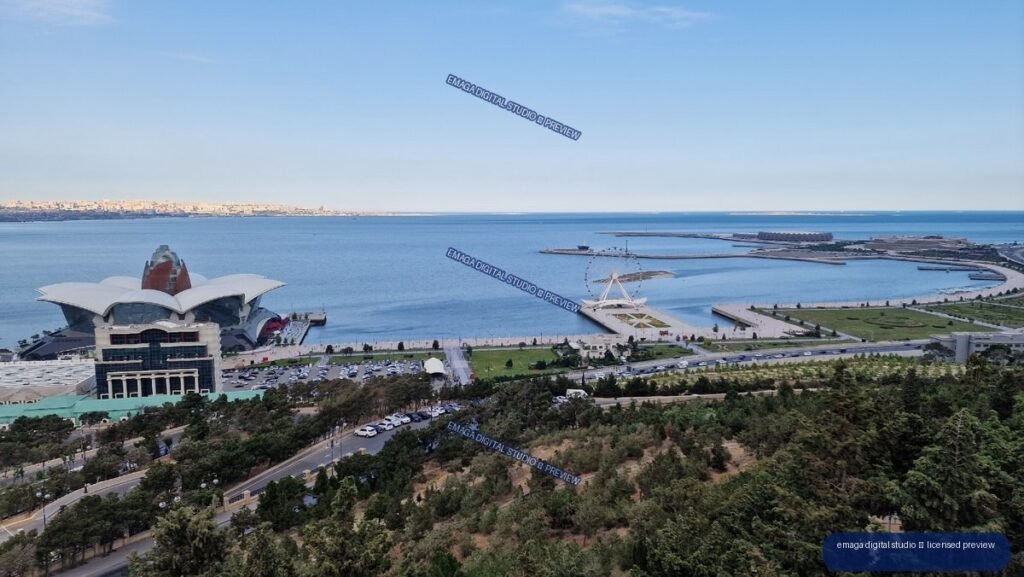 Baku, Azerbaijan Waterfront and Caspian Sea Panorama